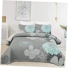Grey Aqua Floral Quilt Set Queen Size Summer Botanical Queen 96"x90" Aqua Grey