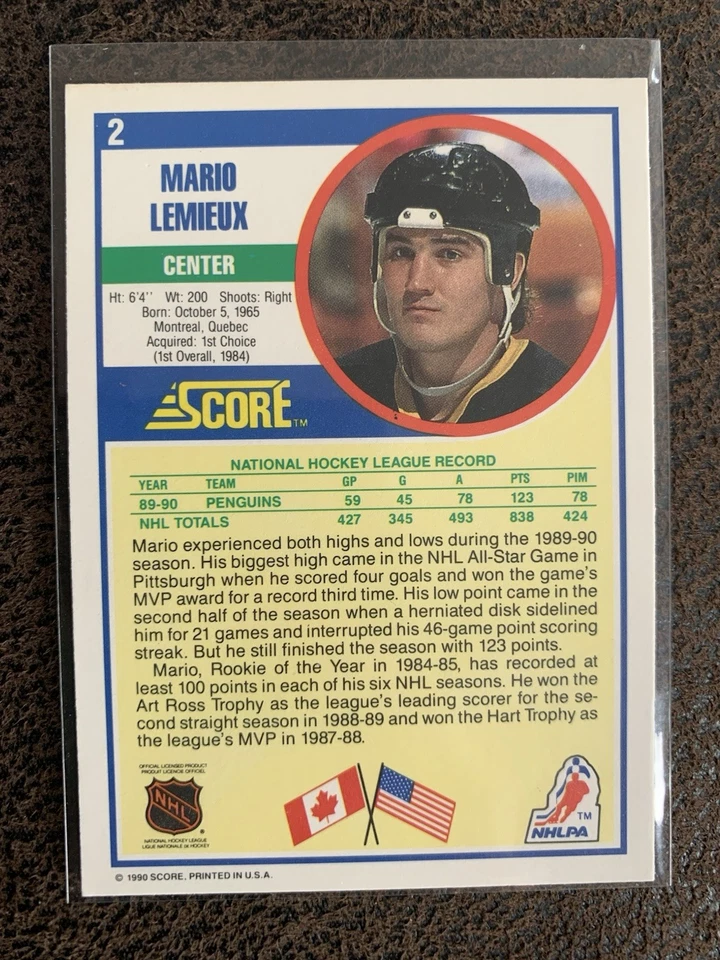 1990 Score #2 Mario Lemieux Pittsburgh Penguins I-546 - Image 2 of 2