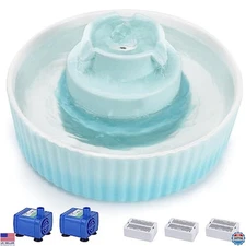 Light Blue Ceramic Cat Water Fountain - 2.1L, 3 Carbon Filters, 2 Quiet Pumps