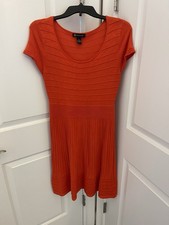 I.N.C. Short Sleeve Ribbed Sweater Dress Fit & Flare Orange Sz Medium