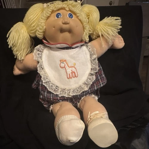 Cabbage Patch Kids Baby Doll Soft Body Blonde Yarn Hair Blue Eyes Plaid Outfit