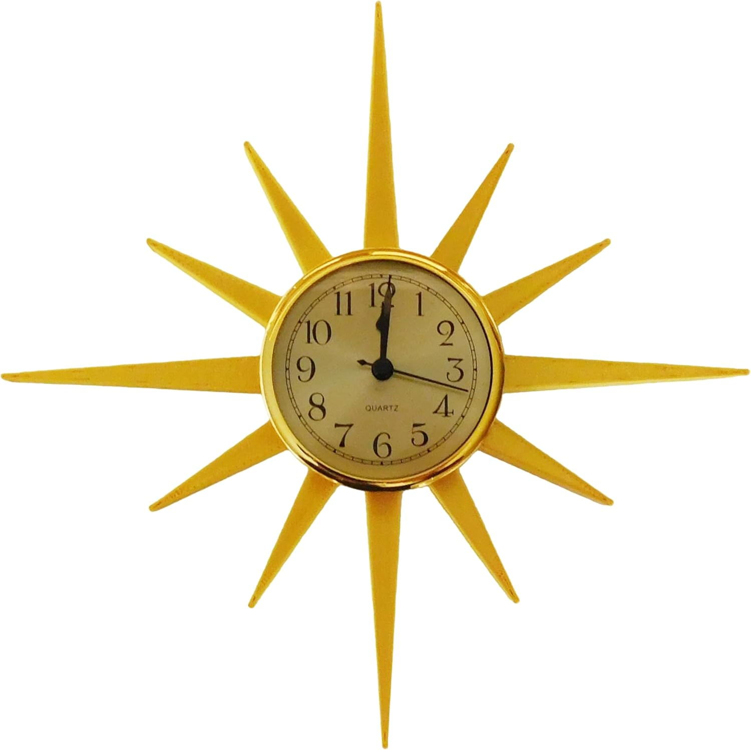 Small Mid Century Modern Sunburst Wall Clock – Retro Gold Atomic Starburst Desig