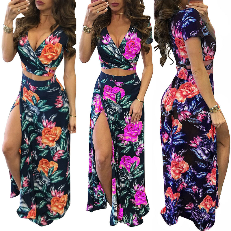 Women's Floral Print 2 Piece Set V-neck Crop Top High Slit Maxi Skirt Dress  | eBay