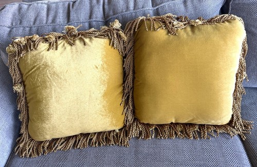 2 Reversible Throw Pillows Red Gold Indian Tassel Fringe Trim Velvet Floral - Picture 2 of 2