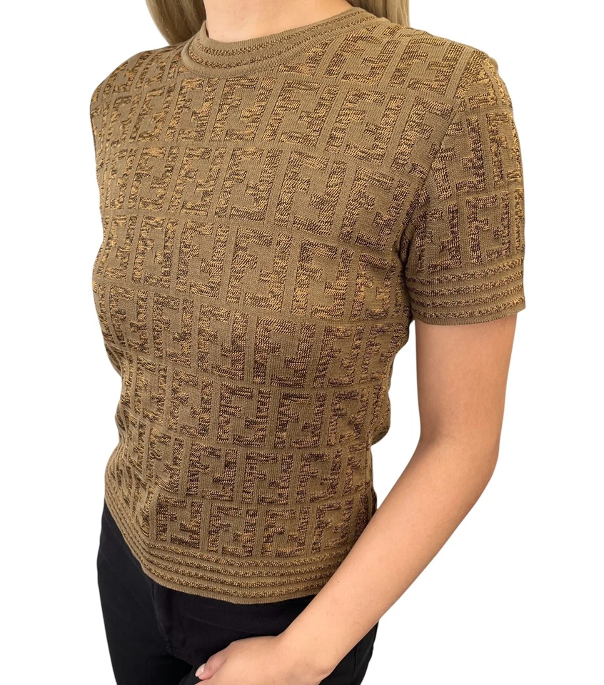 Suéter FENDI Vintage Zucca Monograma Logo Tejido Manga Corta Marrón Algodón Foto 2 de 4