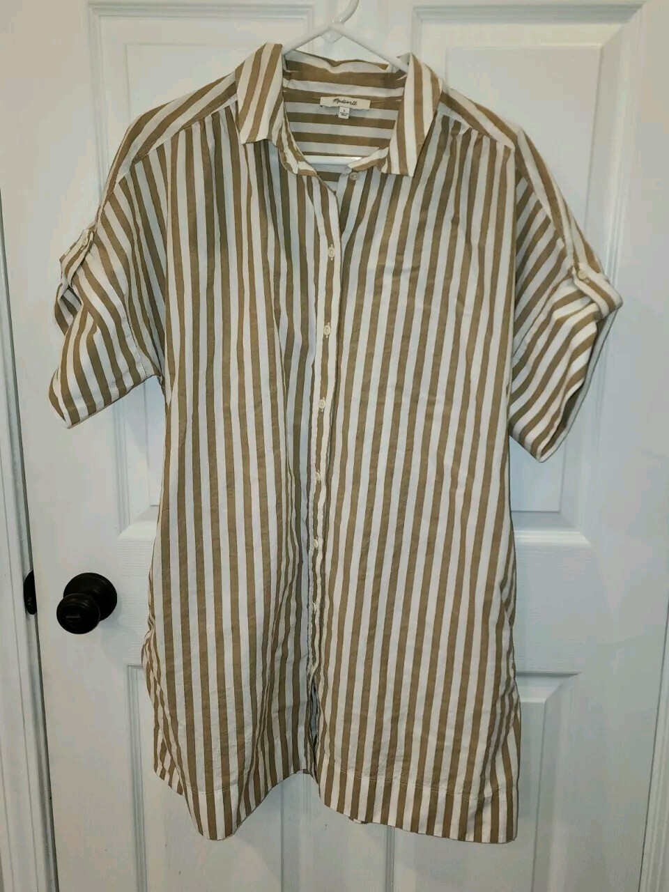 Madewell Mini Shirtdress Button Front Poplin Tan White XL Roll Up Sleeve