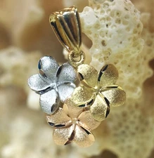 16MM SOLID 14K TRICOLOR GOLD DIAMOND CUT DC HAWAIIAN 3 PLUMERIA FLOWER PENDANT