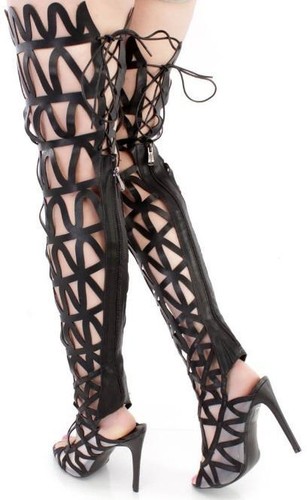 Black Cut Out Design Gladiator Thigh High Stiletto Heels Faux Leather Boots - Picture 2 of 2