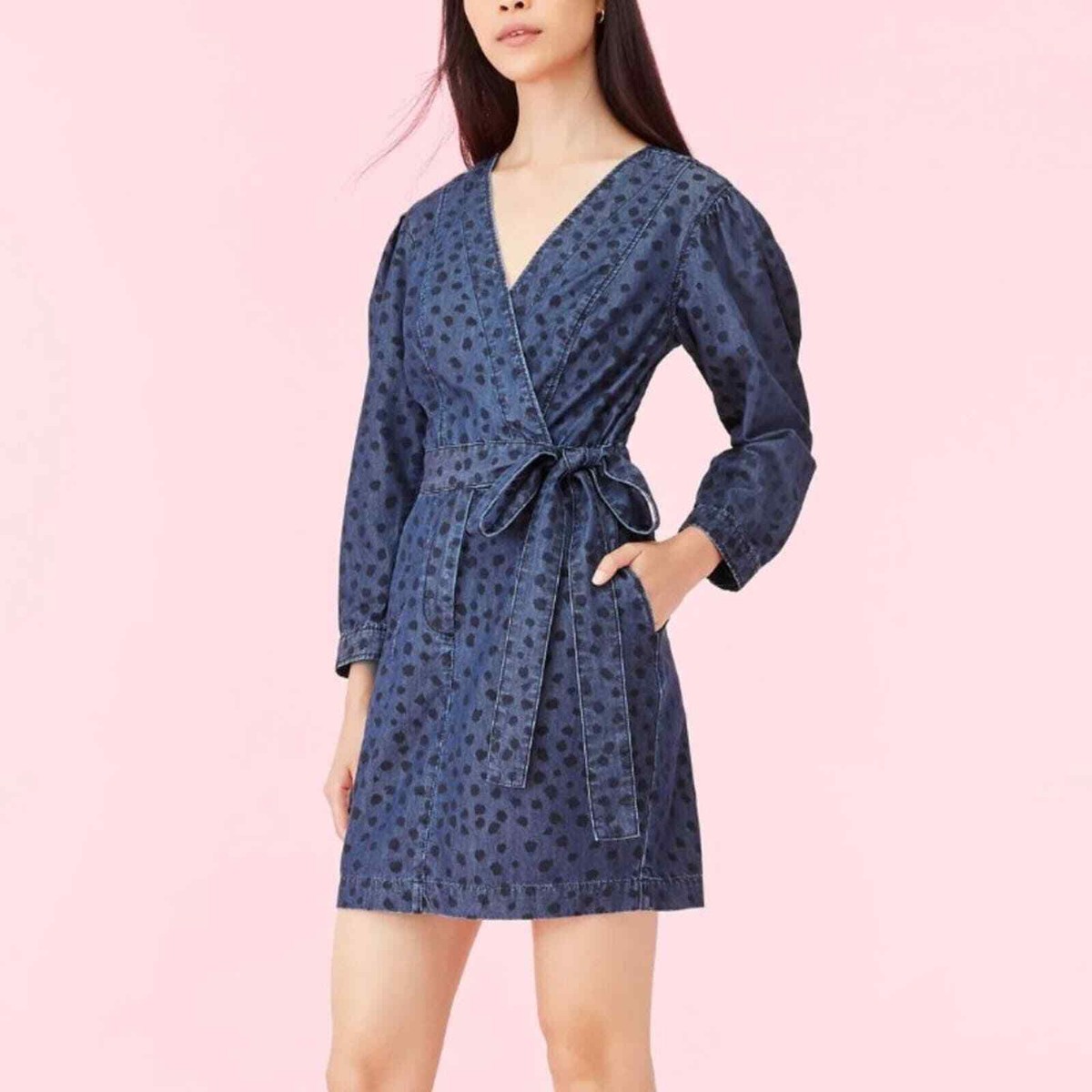 Rebecca Taylor La Vie La Faune Dotted Long Sleeve Indigo Wash Denim Dress  Sz M