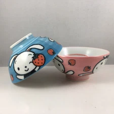 SET of 2 Japanese Children Rice Bowls 4.25"D Porcelain Rabbits Made in Japan