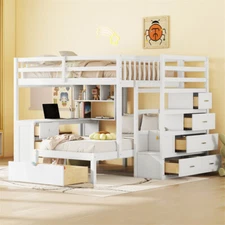 Full over Twin Bunk Bed Wood Frame w/Desk,Storage Shelves & Storage Stairs-White