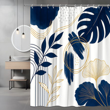 Navy Blue Modern Shower Curtain with Gold Floral Design