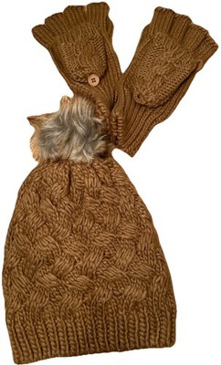 Womens Winter Hat and Gloves Set Brown Cable Knit Pom Pom Fingerless Flip Nice 