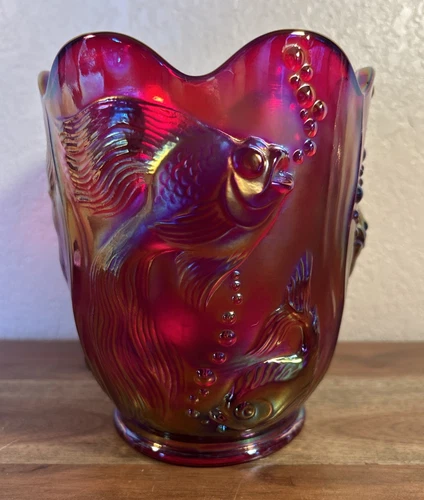 Vintage Fenton Koi Fish Atlantis Red Purple Iridescent Carnival Glass 6.5” Tall