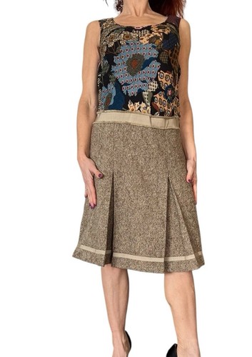 Moschino Cheap and Chic, MOSCHINO CHEAP & CHIC VINTAGE DRESS BROWN TWEED FLORAL PLEATED A LINE WOOL 8