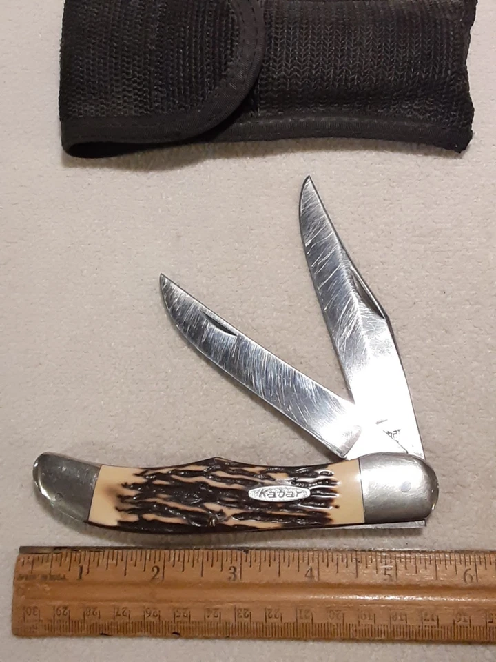 VINTAGE KABAR USA 1184 FOLDING 2-BLADE HUNTING KNIFE W SHEATH - Image 3 of 4