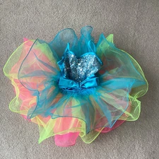 WEISSMAN GIRLS DANCE COSTUME, SC, STRAPS, SEQUINED FRONT TOP, BOW, LAYERED TULLE