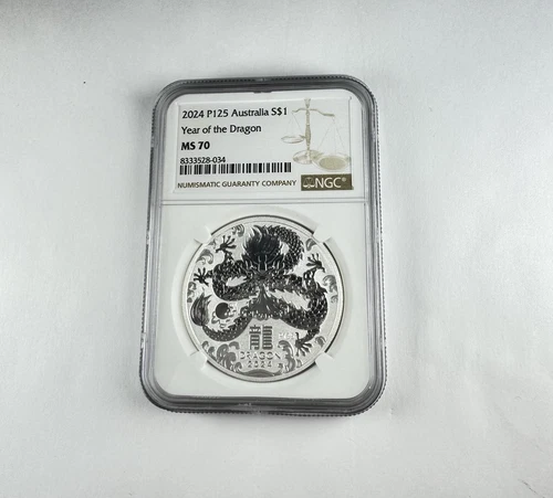2024 Australia Silver Lunar Year of the Dragon .9999 Fine 1 oz $1 Coin NGC MS70