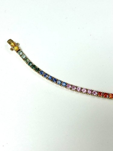 Rainbow Lab Grown Sapphire 10K Yellow Solid Gold Tennis Bracelet Women Jewelry - Picture 6 of 8