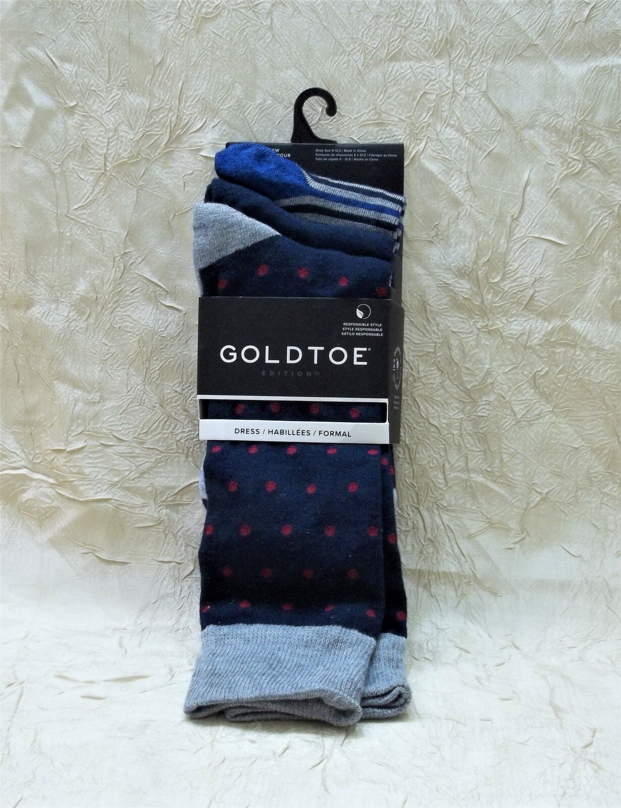 Goldtoe Brand 3 Blue Stripes & Dots Adult Dress Crew Socks One Size