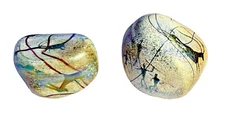 2 Richard Satava Petroglyph Rock Stone Art Glass Paperweights 1987 1988 Signed