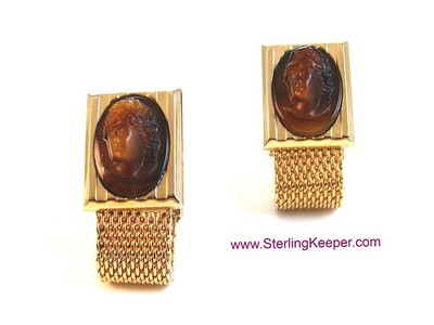 Boutons De Manchette Vintage Hickok Années 70 Or Et Camée - Occasion, Bon état