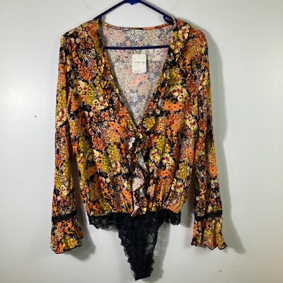 Womens Intimately Free People Heatwave Floral Body Suit V Neck Ruffle M NWT