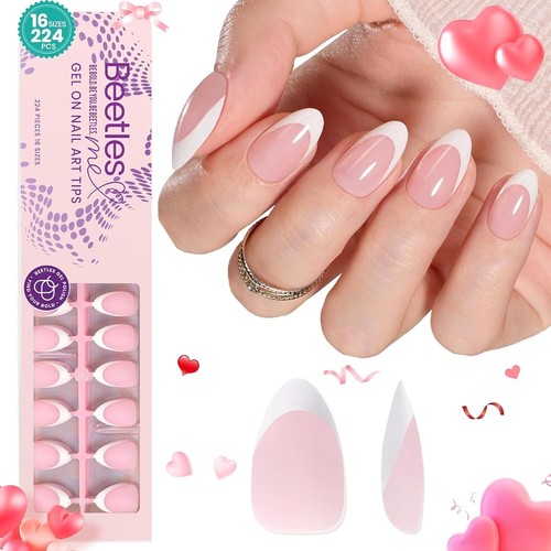 Press On Nails Soft Gel 16 Sizes 224 Pcs Pink French Short Almond DIY Manicure - Picture 3 of 9