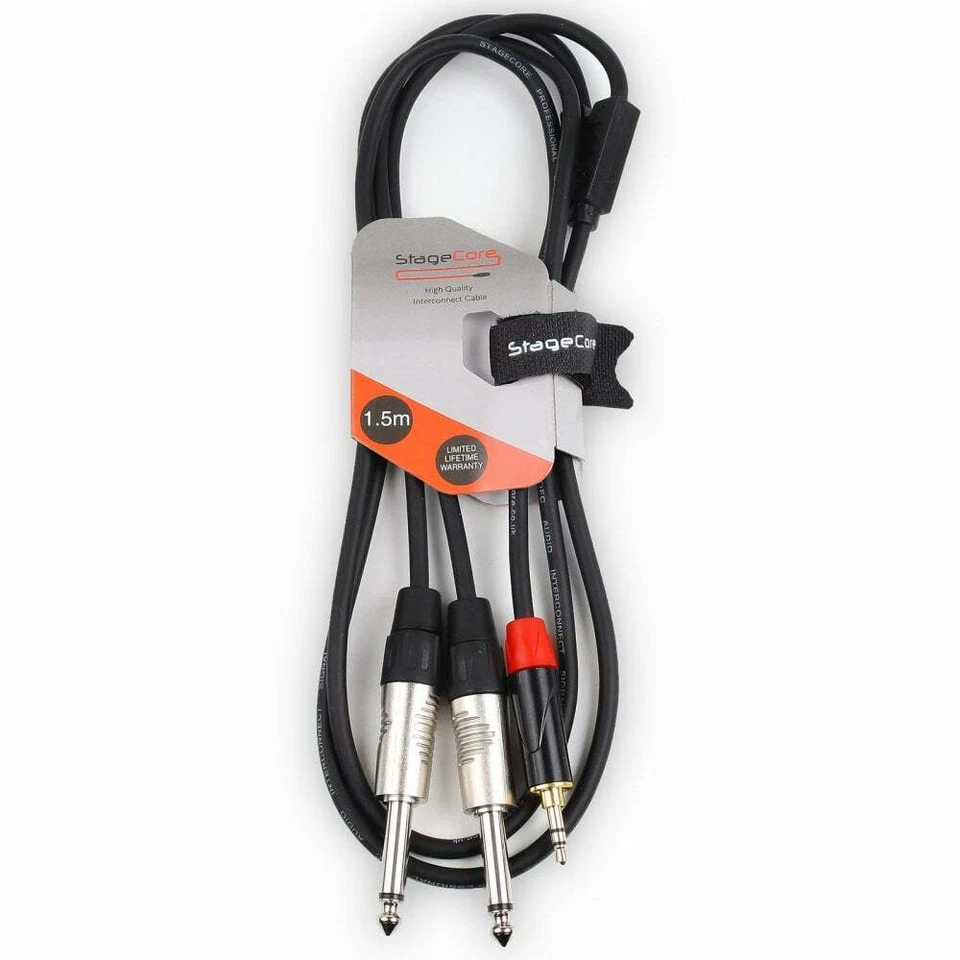 1.5m Stereo Cable 3.5mm Gold Jack Plug to Twin 6.35mm Mono Jacks Audio Lead