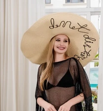 Do Not Disturb Curly Words 10" Brim Sequined Statement Hat Embroidered Wired