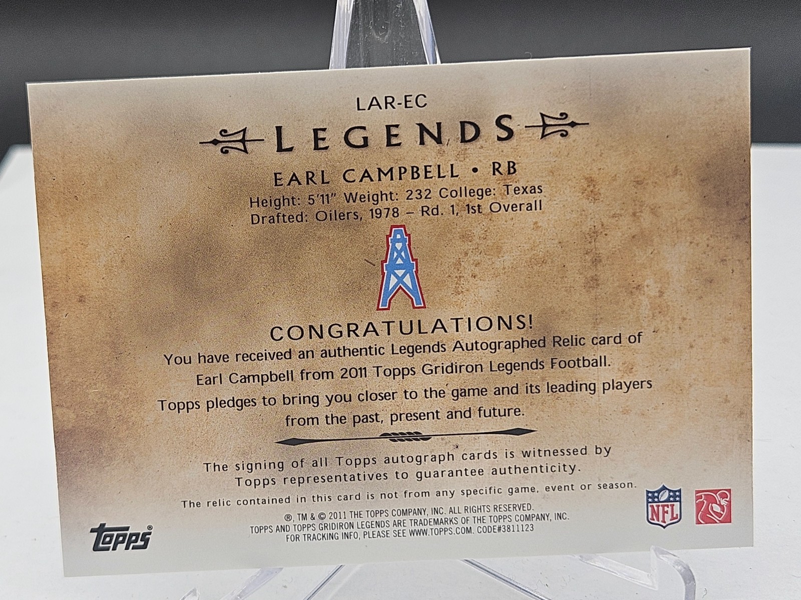 EARL CAMPBELL Auto Game Used Patch #LAR-EC 2011 Topps Gridiron Legends #/25 view 2
