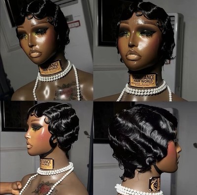 Human hair Finger Wave Wavy Wig Black Side Part Classic Cap Short for Women