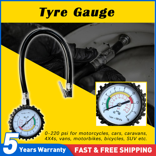 Heavy Duty Dial Tyre Pressure Gauge Tester 0-220 PSI 16 Bar Clip-On Chuck Tool