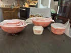 PYREX Pink Gooseberry Milk Glass Bowl Set, Round Flower Pattern, Glass w lids