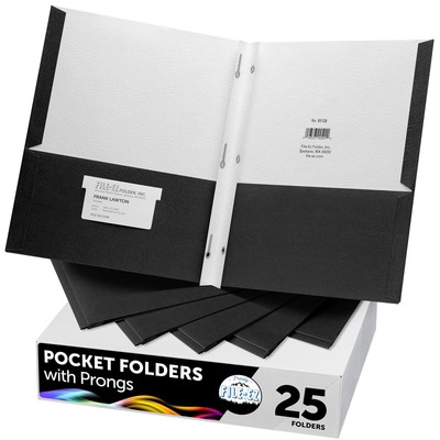 Two-Pocket Folders with 3-Prong Fasteners, Black Color, 25-Pack, Durable Text...