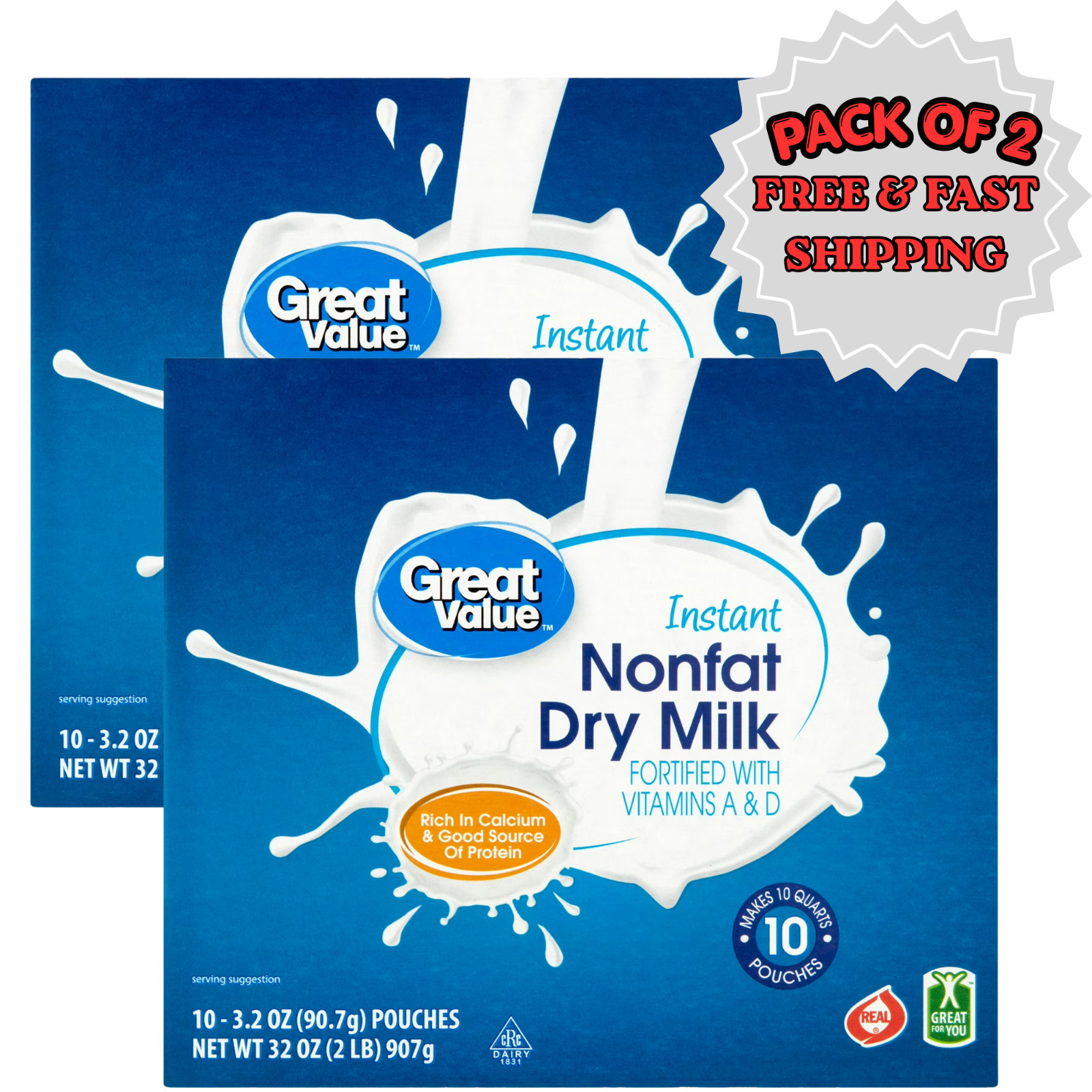 Great Value Instant Nonfat Dry Milk, 3.2 Oz, 10 Count ( 2 Pack ) Free Shipping