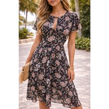 Zara Woman Floral Chiffon Flutter Sleeve midi Dress Open Back Sz S Cottage Fairy