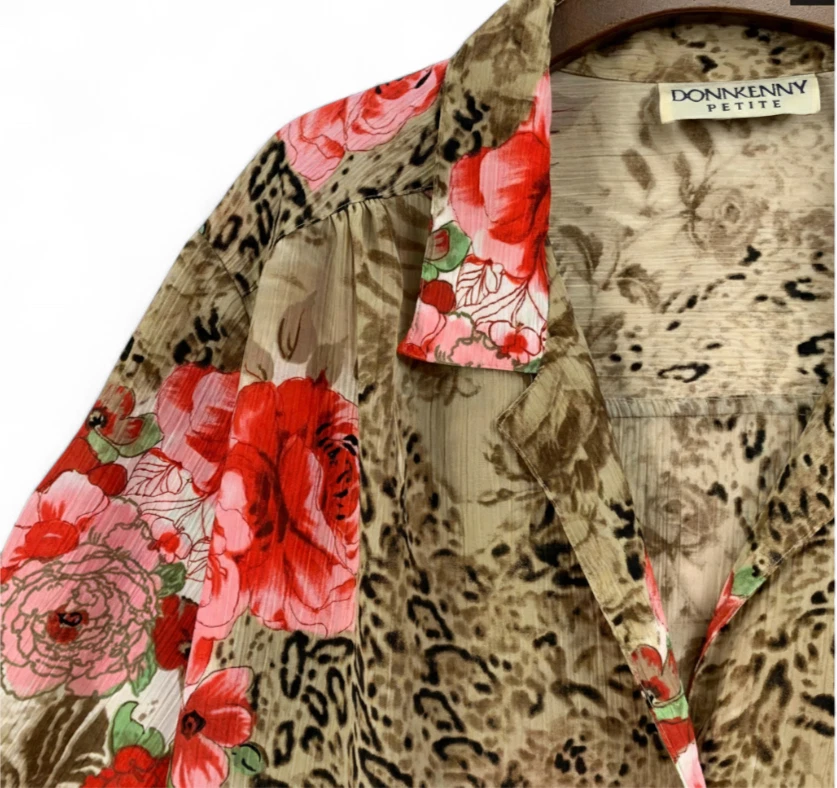 CAMISA DE COLECCIÓN DonnKenny SEDOSA ABOTONADA TOP Leopardo y Rosas Rosa/Rojas Grannycore XL-P Foto 2 de 4