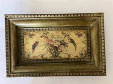 Vintage Decorative hand-painted metal tray with an ornate gold-toned beaded edge