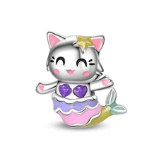 KUNSIR 925 Sterling Silver Cute Mermaid Cat Bead Charm For Bracelets DIY Charm