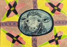 ACEO Art Card Original Mixed Media Painting, Sheep, 2.5" x 3.5"