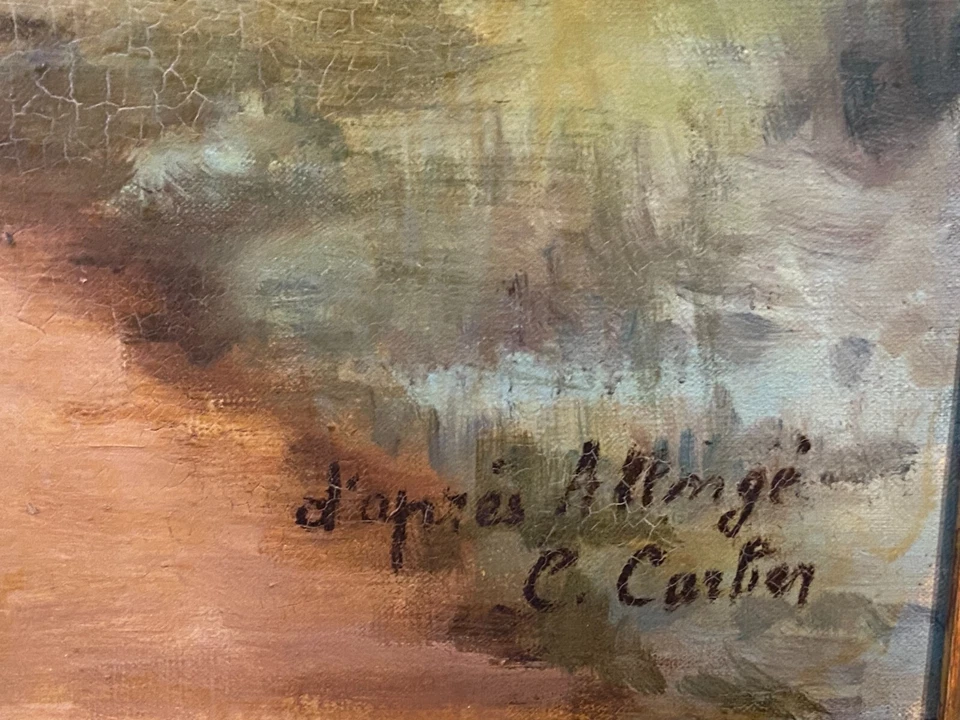 Miroir de cheminée trumeau fin XIXe tableau signé Carlier au chemin de campagne - Photo 4/4