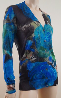 Christopher Kane Runway blau grün Blumendruck Seide/Wolle Strickjacke Gr: L neu mit Etikett