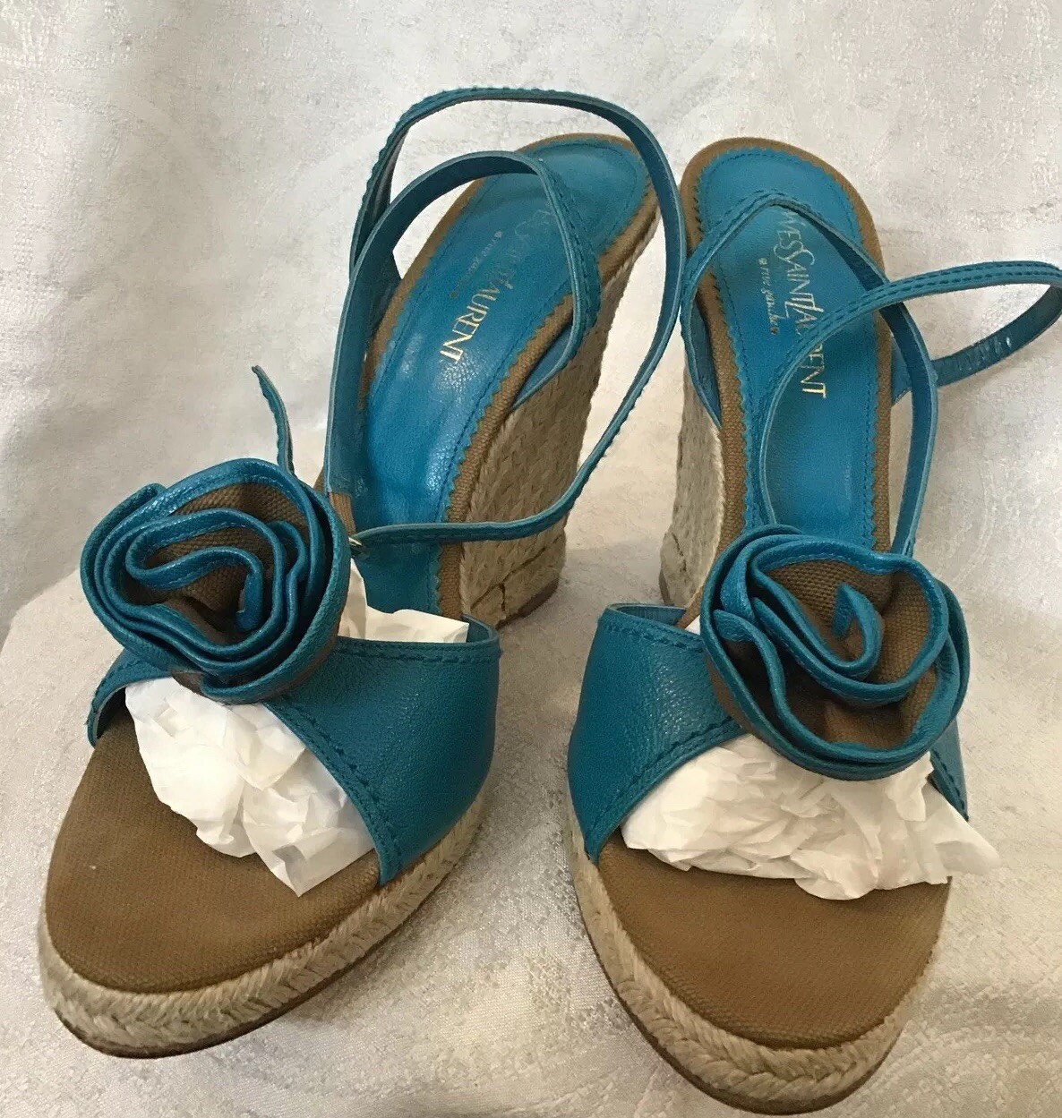 SAINT LAURENT Scarpe ysl pelle turchese zeppa corda stack guarigione clip rosa cinturino alla caviglia taglia 41