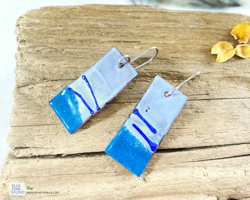 Blue Enameled Copper Rectangle Earrings Artisan Handmade Enamel Jewelry - Picture 3 of 5