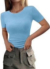 Women Summer Ribbed Knit Slim Fit Tee Crew Neck Short Sleeve Casual Top