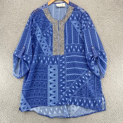 Chicos Top Womens 3 US Extra Large Blue Pattern Beaded V Neck Roll Tab Sleeves