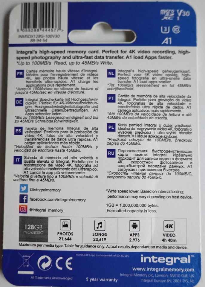 Integral microSD 128GB XC1 V30 A1 100MB/s 45MB/s - Immagine 2 di 3