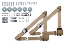1955-1957 Tri-Five Chevy Tan Retractable Shoulder Safety Seat Belt Kit Pushbutto