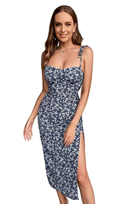 Women's Floral Cami Midi Dress Sleeveless Split Thigh Tie Shoulder Size S -  Blue | eBay